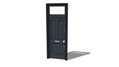 a black door with a mirror on the top and bottom panel, in front of a white background