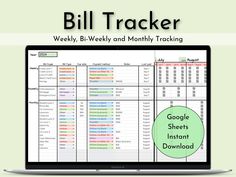 a laptop with the text, bill trackerr on it and an image of google sheets instant