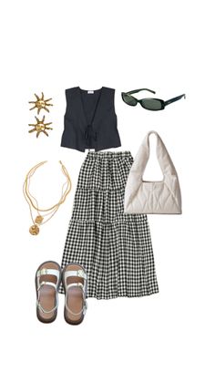 a woman's outfit and accessories including shoes, sunglasses, necklaces