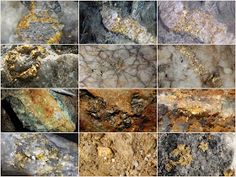 many different types of rocks with gold flecks