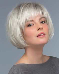 This adorable page cut, has a shaped back and full bangs. Full Bangs, Short Grey Hair, Haircut For Thick Hair, Cap Hair, Synthetic Wig, Grey Hair, Thick Hair, Synthetic Wigs, Synthetic Hair