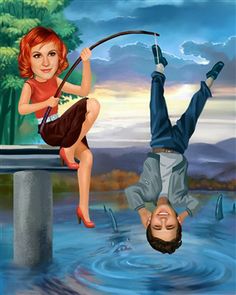 a painting of two people hanging upside down in the water, one holding a fishing rod