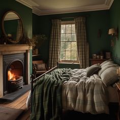 Moody Bedroom Fireplace, Rustic Cozy Bedroom, Dark Cottagecore Aesthetic Bedroom, Black And Dark Green Bedroom, Old English Bedroom, Vibey Rooms, English Style House, Dark Green Bedroom, Bedroom With Fireplace