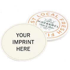 two coasters with the words your imprint here on one side and an orange circle on the other