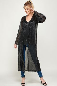 Long Sleeve Black Sequin Duster Kimono | Bella Lucca Boutique Duster Kimono, Long Duster, Kimono Duster, Long Kimono, Walk This Way, Black Cardigan, Black Media, Front Open, Kimono Top