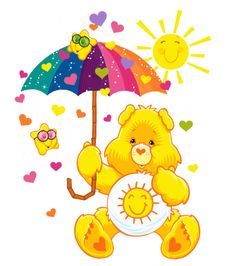 a yellow teddy bear holding an umbrella with hearts on the bottom and words below it