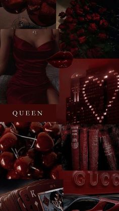 a collage of red and black images with the words queen written on them