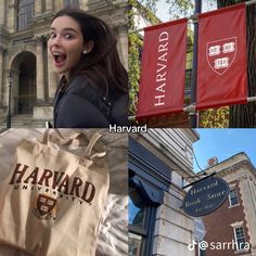 two pictures one has a harvard flag and the other has a harvard bag in front of it