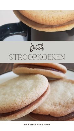 some cookies are stacked on top of each other in front of a coffee cup and saucer