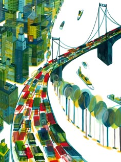 a painting of a city with cars driving on the road and bridge in the background