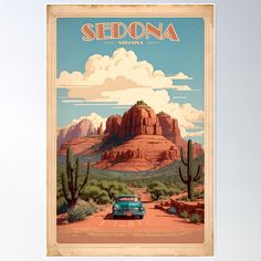 a vintage sedona travel poster featuring a blue car driving down the road with mountains in the background