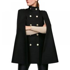 Double-Breasted Stand Collar Cape Coats Product DescriptionMaterial : 95% Polyester,5%SpandexStyle : LooseFeature : Buttoned,Solid ColorNeckline : Stand CollarOccasion : Urban,Vintage,Trendy Tops,Leisure FashionSeasons : Spring,Autumn,WinterType : Coats,Cape,OutwearColor : BLACKSize : S,M,L,XLPlease consult the size chart we provide for this item's measurements to help you decide which size to buy.Please note: There may be 1-3cm differ due to manual measurement. Luxury Solid Outerwear With Double-breasted Button, Luxury Solid Double-breasted Outerwear, Luxury Black Stand Collar Tops, Luxury Black Outerwear With Cape Sleeves, Valentino Cape Coat, Luxury Solid Color Winter Outerwear, Gucci Cape Coat, Luxury Fitted Cape Outerwear, Luxury Cape Costume Outerwear