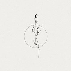 a black and white drawing of a plant with a half moon in the sky above it