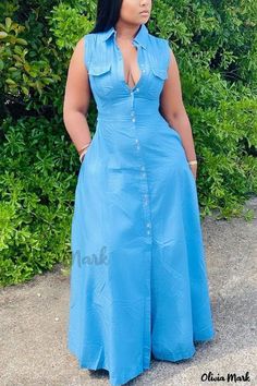 OliviaMark - Elegante vestido camisero sin mangas azul claro con estilo a la moda Denim Style Casual, Sleeveless Shirt Dress, Denim Maxi Dress, Collared Shirt Dress, Dress Sleeve Styles, Perfect Prom Dress, Maxi Shirt Dress, Turndown Collar, Long Shirt Dress