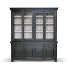 a black china cabinet with glass doors and drawers