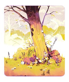 an illustration of a tree in the middle of a field with flowers and butterflies around it