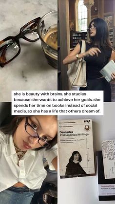 a collage of photos with books and glasses on top of each other, including an image of a woman reading