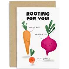 a greeting card with two carrots and the words rooting for you on it