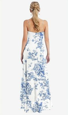 Scoop Neck Ruffle-trimmed High Low Maxi Bridesmaid Dress In Cottage Rose Dusk Blue | The Dessy Group Cottage Rose, Dusk Blue, Floral Bridesmaid Dresses, Girls Dress Shop, Social Dresses, High Low Maxi Dress, Black Tie Affair, Maxi Bridesmaid Dresses, High Low Skirt