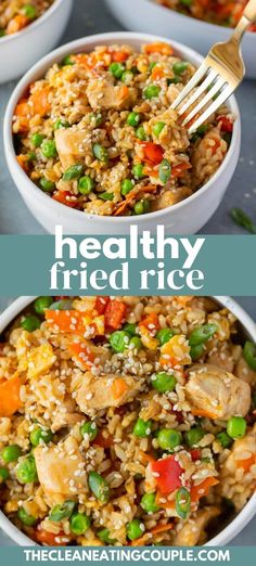 two bowls filled with rice, peas and chicken