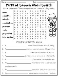 the parts of speech word search worksheet with pictures and words to help students learn