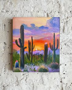 an acrylic painting of cactus at sunset