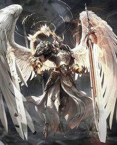 an angel with wings holding two swords