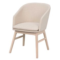 an upholstered chair with wooden legs and a seat cushion on the back side