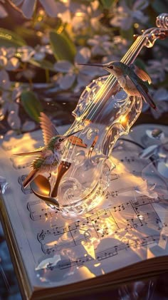 a glass figurine sitting on top of an open book with music notes in the background