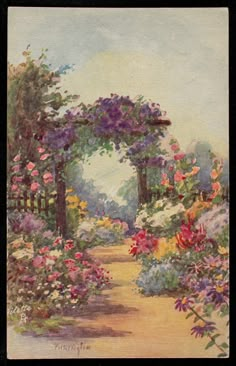 an oil painting of a garden path with flowers and trees on either side by itself