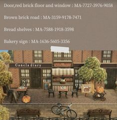 an advertisement for a bakery on the side of a building with benches and tables in front of it