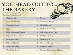 an old recipe sheet with bread on it and the words you head out to the bakery