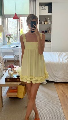 Mini Yellow Dress, Butter Yellow Dress, Short White Dress Outfit, Yellow Dress Aesthetic, Brookie Yancey, Summer Dresses Outfits, Yellow Vintage Dress, Yellow Outfits, Bridal Wardrobe