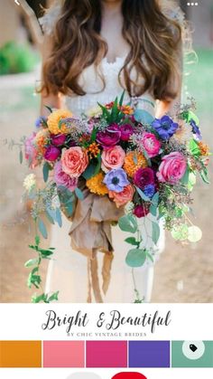 a woman holding a bouquet of flowers in front of a color swater with the words bright and beautiful on it