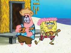 spongebob and patrick on the beach in front of a hut with straw bales