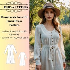 a woman wearing a dress and hat with the text round neck loose fit linen dress pattern