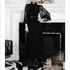 A+O Long Sleeve Maxi Black Lacy Dress Luxury Fall Evening Maxi Dress, Luxury Fall Maxi Dress For Evening, Luxury Evening Maxi Dress For Fall, Chic Maxi Dress With Lace Sleeves For Formal Occasions, Luxury Black Long Sleeve Dress, Luxury Black Long Sleeve Midi Dress, Luxury Long Sleeve Black Midi Dress, Luxury Black Spring Dress, Luxury Black Dress For Spring