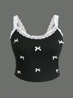 Black Casual Collar  Knitted Fabric Colorblock Cami Embellished High Stretch  Women Plus Clothing Plus Size Summer Casual, Lace Butterfly, Butterfly Bow, Cute Tank Tops, Airport Fashion, Plus Size Summer, Casual Lace, Tank Top Cami