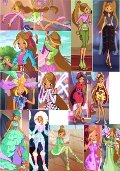 many different pictures of barbie dolls and their outfits