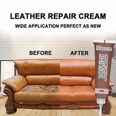 the leather repair cream is being used on a couch and loveseat in front of a brick wall