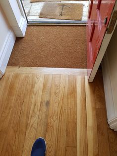 a pair of blue shoes sitting on the floor in front of a door with a red handle