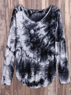 $20.49 V Neck Long Sleeve Tie Dyed Tee WHITE AND BLACK: Tees | ZAFUL Fashion Accessories Trends, Tumblr Outfits, Dressed To The Nines, Tie Dyed, Cute Casual Outfits