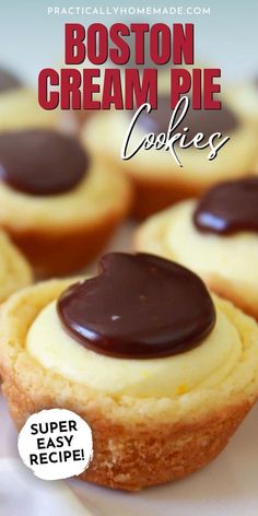 boston cream pie cookies on a plate with the title text above it reads, boston cream pie cookies super easy recipe