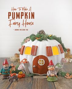 how to make a pumpkin fairy house with gnome figurines and other decorations on a wooden table