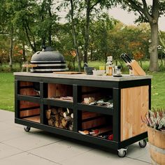 an outdoor bbq grill with lots of food on it and some potted plants