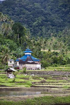 a blue and white building surrounded by lush green trees in front of a mountain range