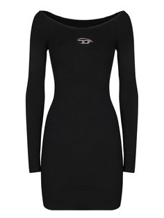 Long sleeve ribbed knit dress. Boat neckline. Front metallic logo detail.Elegant and contemporary, this ribbed black Diesel dress enhances the silhouette with a snug fit and a feminine boat neckline. Perfect for an upscale evening or a formal event.Gender: WomenMaterial: 83% VISCOSE 17% POLYESTERColor: BlackMade in: ImportedProduct ID: A14188 0DLAX 9XX*Import tax/duty will be calculated at checkout (If applicable) Chic Ribbed Bodycon Evening Dress, Chic Ribbed Bodycon Dress For Evening, Chic Evening Ribbed Bodycon Dress, Ribbed Stretch Bodycon Dress For Evening, Ribbed Bodycon Mini Dress For Evening, Ribbed Stretch Mini Dress For Evening, Stretch Ribbed Bodycon Dress For Evening, Evening Ribbed Mini Sweater Dress, Stretch Ribbed Mini Dress For Evening