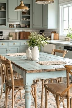 a kitchen table with chairs and a potted plant sitting on it's end