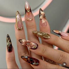 Brown Long Acrylic Nails, Nail Inspo Almond Fall, Burgundy Almond Nails Design, Autumn Acrylic Nails, Gel Nails French, Maroon Nails, Fall Gel Nails, Acrylic Press On Nails, Her Nails