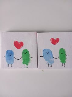 two small cards with cartoon characters holding hands and heart shaped balloons on the top of them